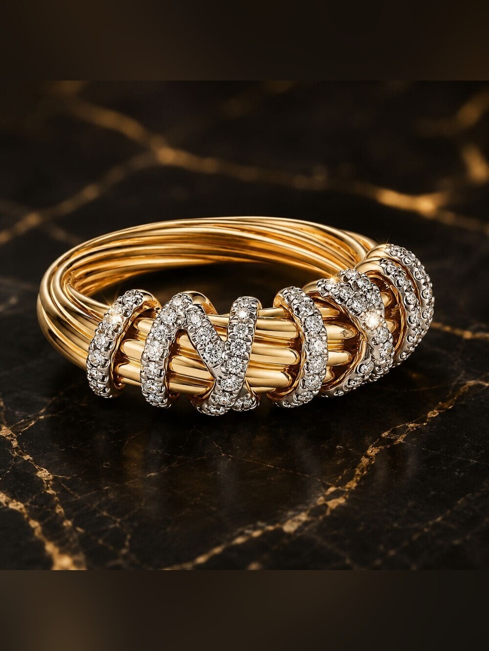 Gold and Silver Twisted Cable Ring with Crystal Bands